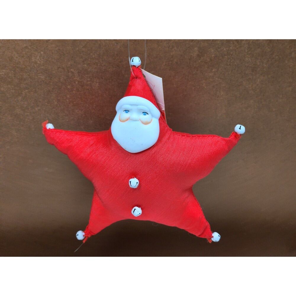 Vintage Dept 56 Santa Claus Star Ornament Porcelain Face Red Fabric Jingle Bells